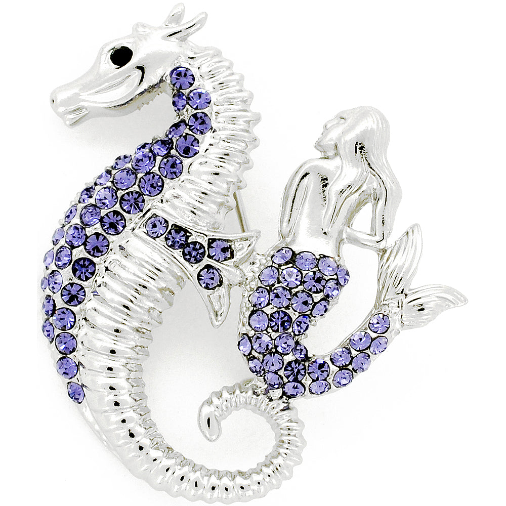 Purple Seahorse and Mermaid Crystal Pin Brooch