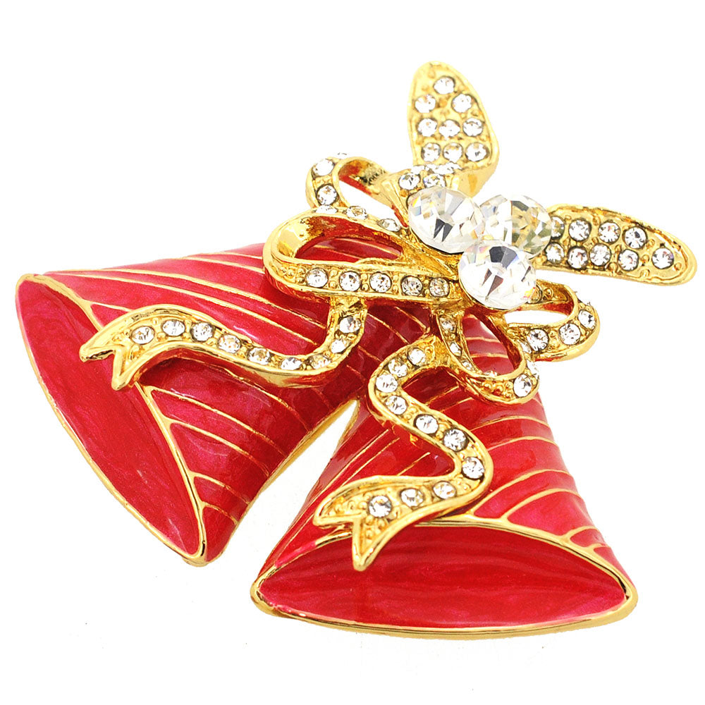 Red Christmas Bell Bow Crystal Pin Brooch