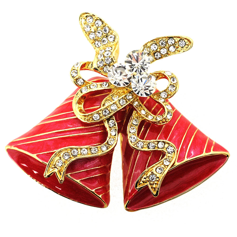 Red Christmas Bell Bow Crystal Pin Brooch