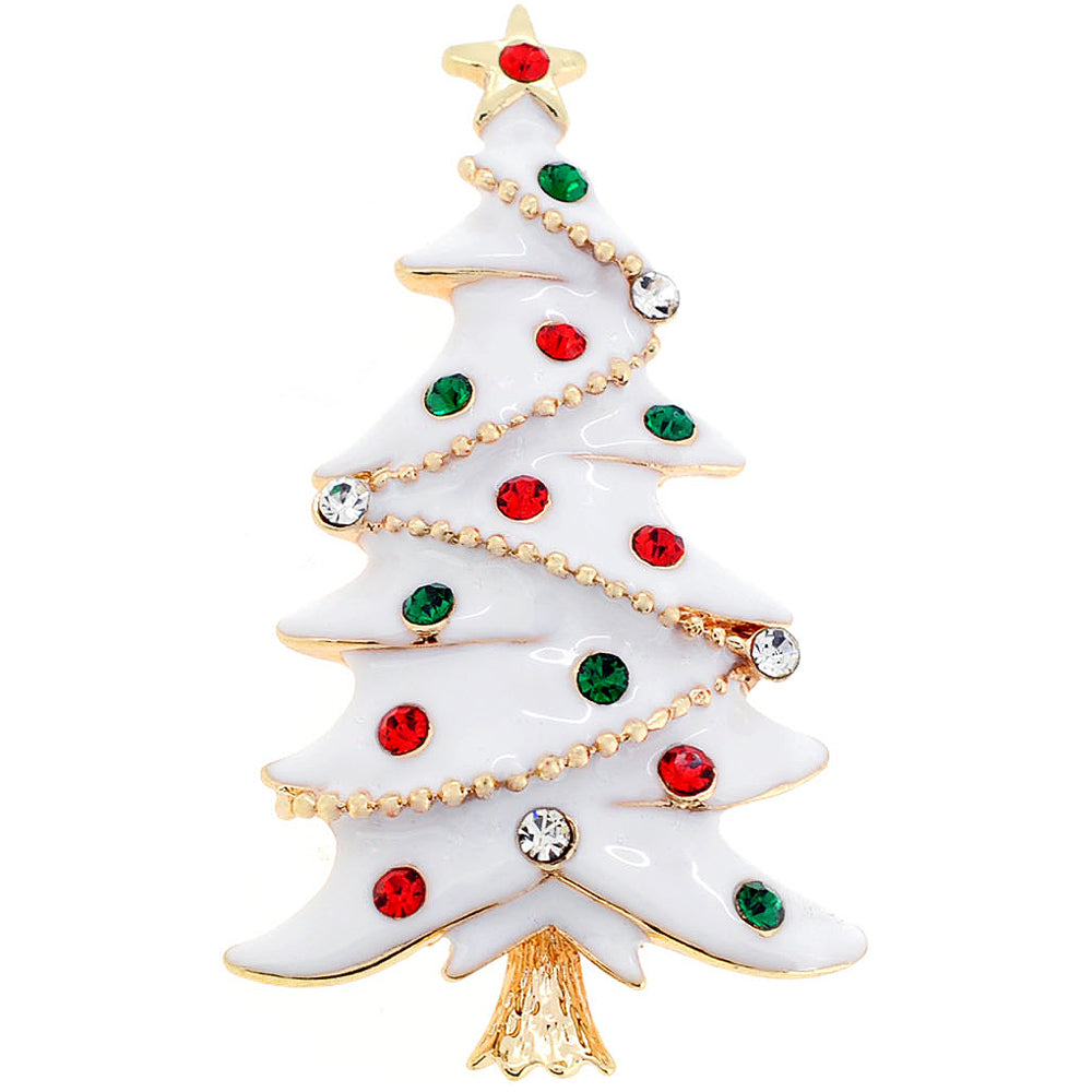 White Christmas Tree Crystal Pin Brooch