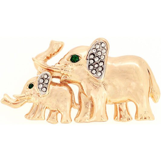 Golden Mom And Baby Elephant Crystal Pin Brooch