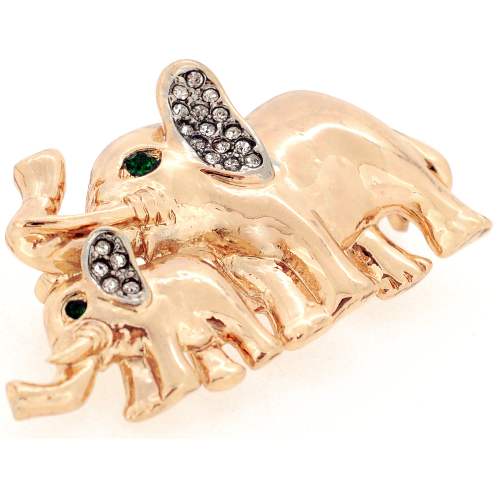 Golden Mom And Baby Elephant Crystal Pin Brooch