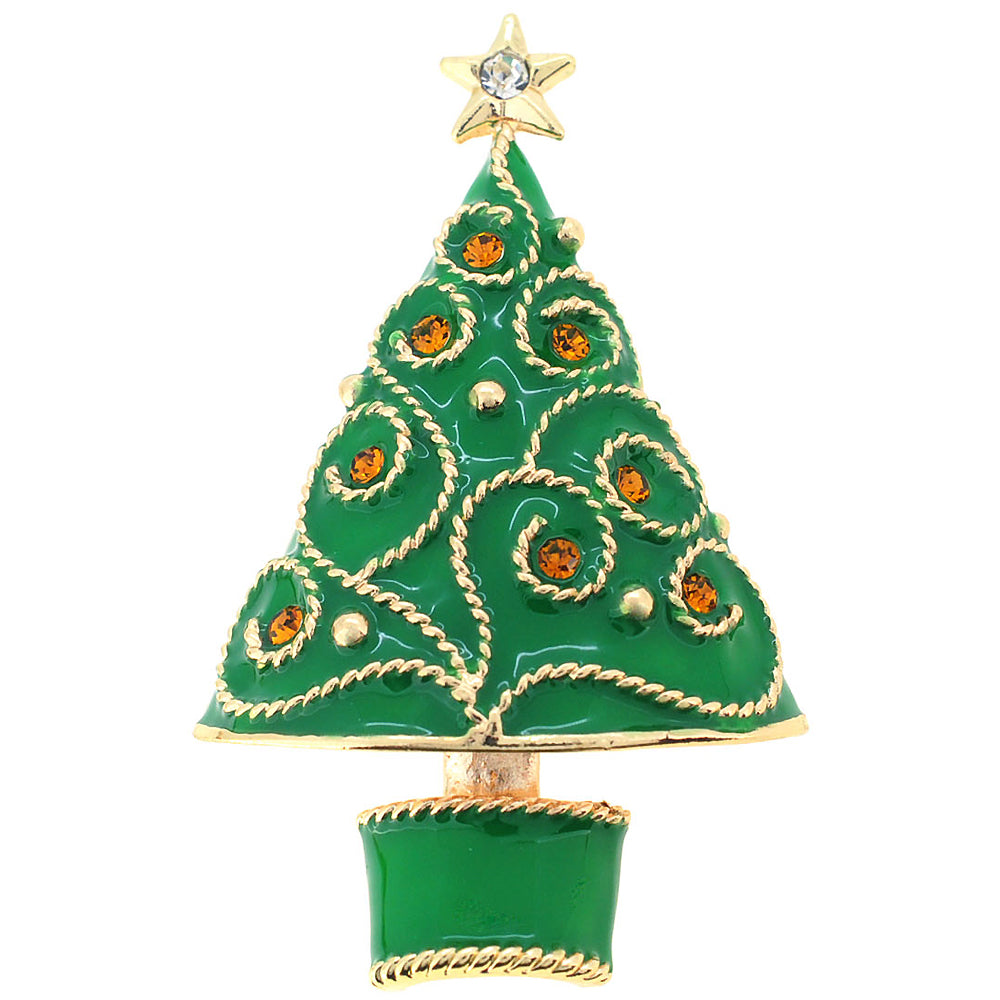 Green Christmas Tree Crystal Pin Brooch