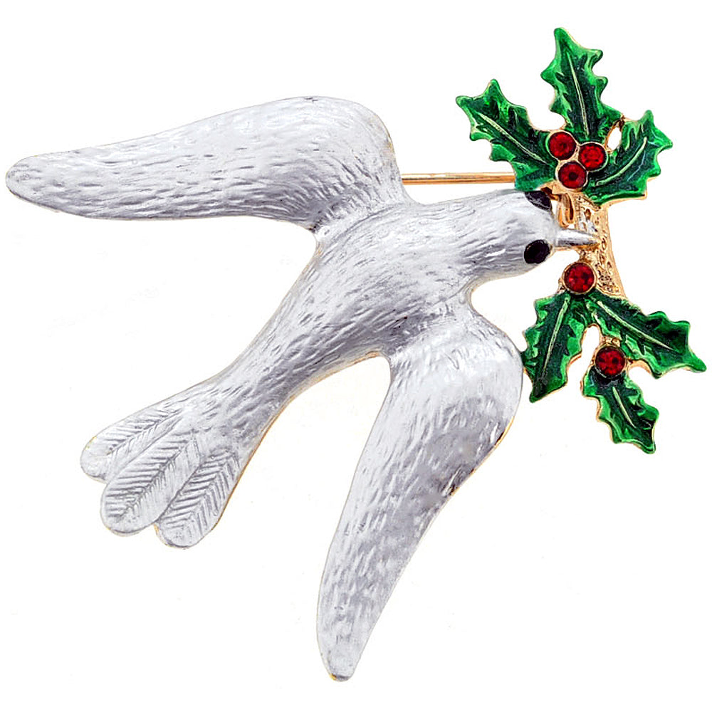 Christmas Mistletoe Dove Crystal Pin Brooch