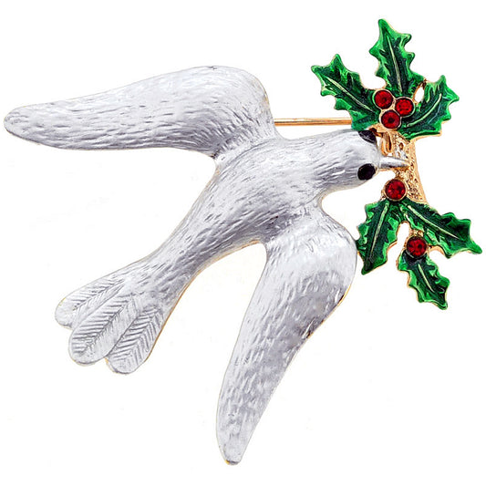 Christmas Mistletoe Dove Crystal Pin Brooch