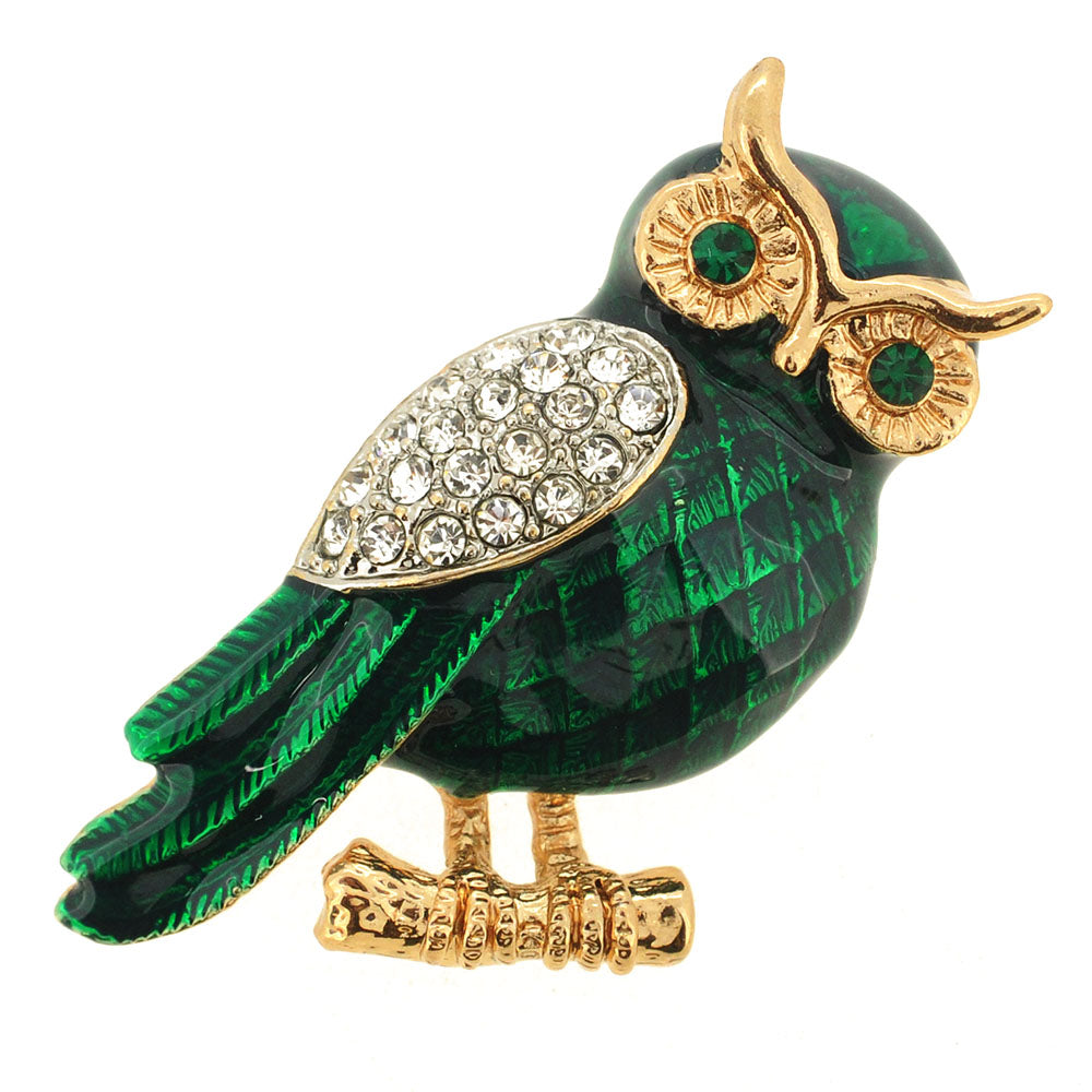 Enamel Green Owl Crystal Pin Brooch