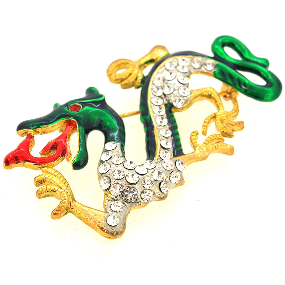 Green Enamel Chinese Dragon Pin Brooch