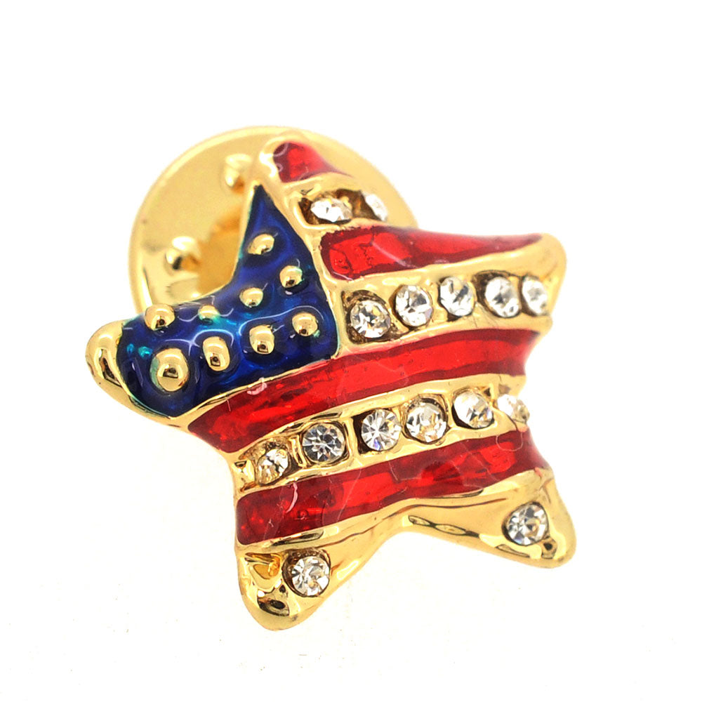 Golden American Flag Star Patriotic Crystal Pin Brooch