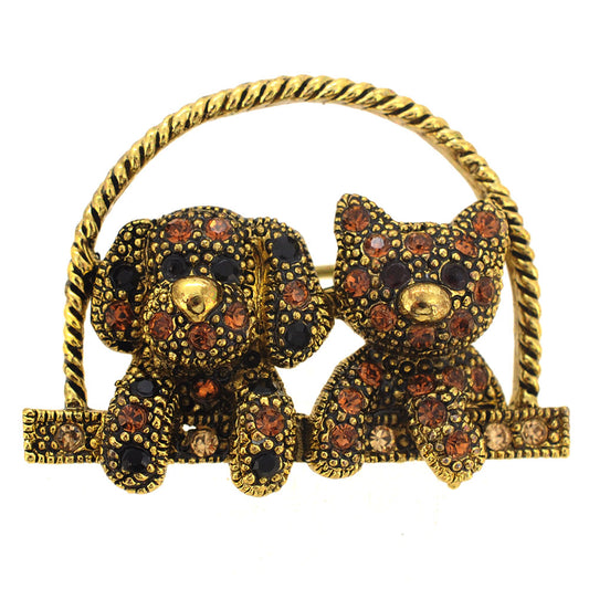 Golden Dog And Kitty Pin Brooch