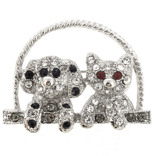 Silver Dog And Kitty Pin Brooch