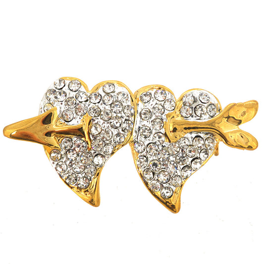 Crystal Double Hearts & Cupid Arrow Pin Brooch
