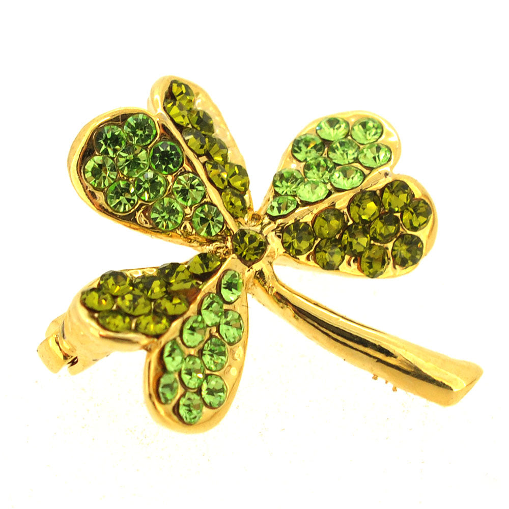 Multi Green Lucky 3 Leaf Clover Flower Crystal Pin Brooch