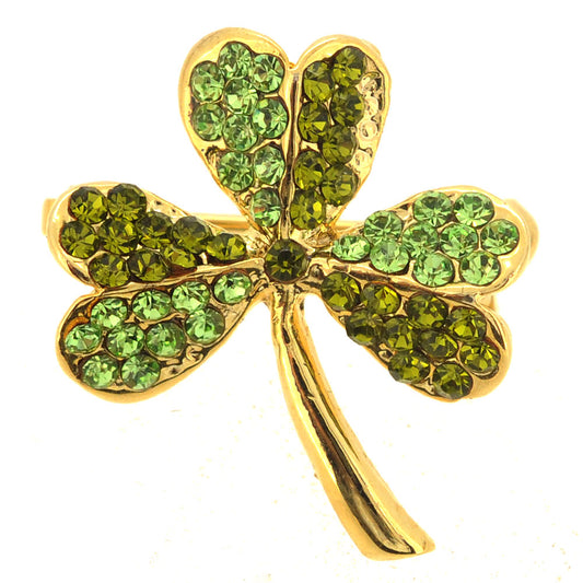 Multi Green Lucky 3 Leaf Clover Flower Crystal Pin Brooch