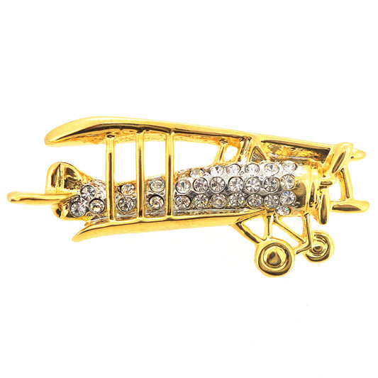 Golden Airplane Bi-plane Brooch Pin