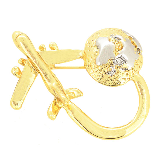 Golden Airplane Around The Globe Pin Brooch
