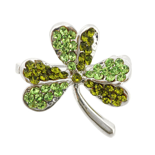 Multi Green Lucky 3 Leaf Clover Flower Crystal Pin Brooch