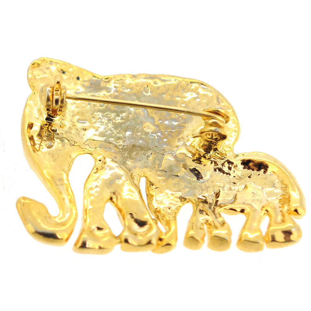 Golden Crystal Baby And Mom Elephants Brooch Pin