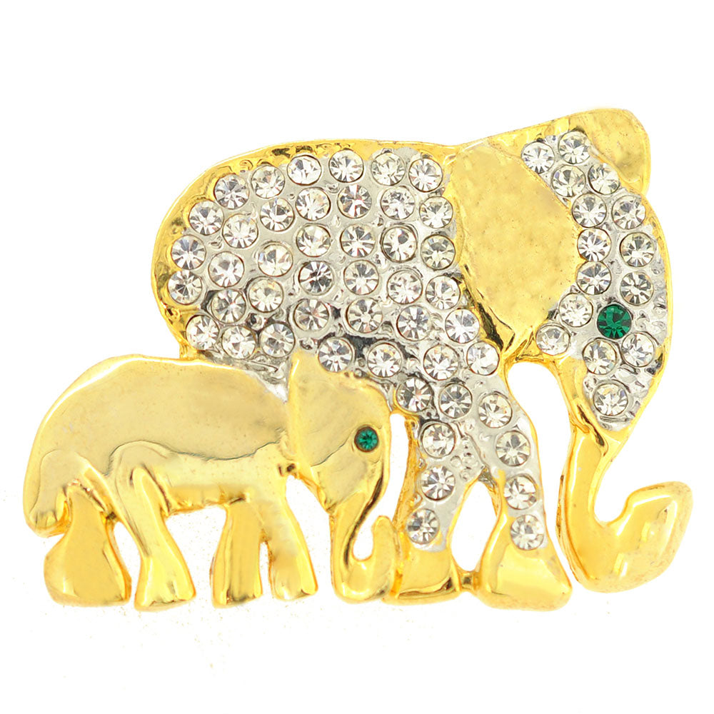 Golden Crystal Baby And Mom Elephants Brooch Pin