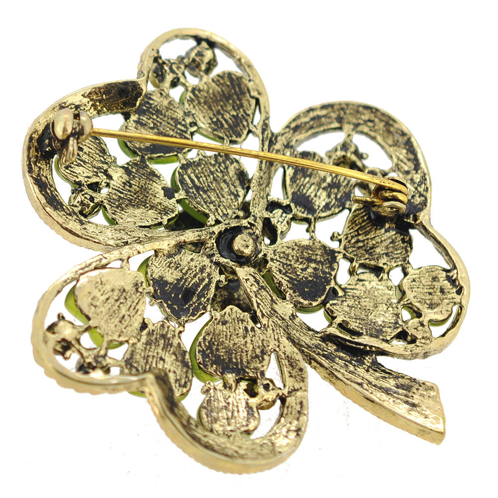 Green 3 Leaf Clover Flower Crystal Pin Brooch