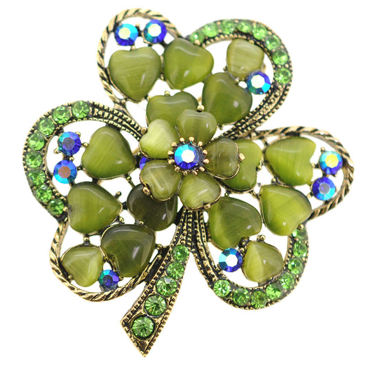 Green 3 Leaf Clover Flower Crystal Pin Brooch