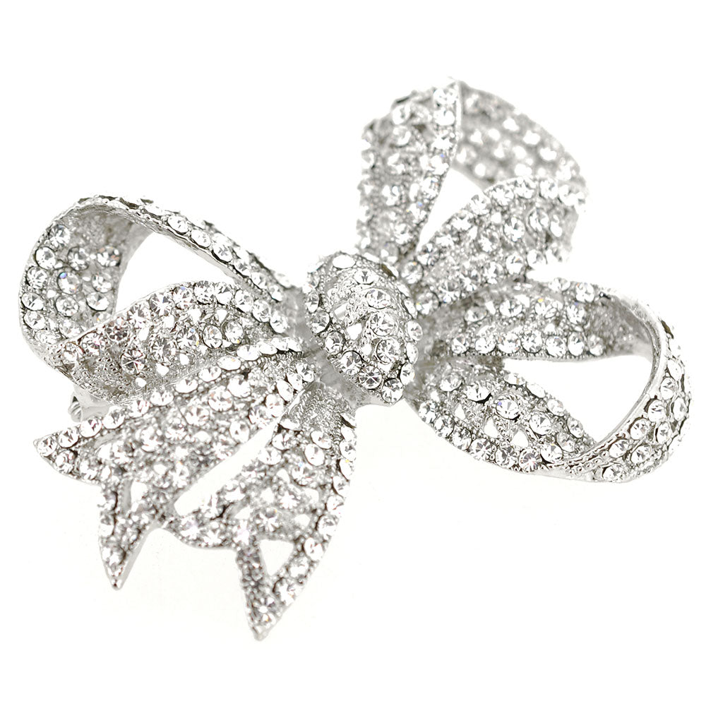 Silver Chrome Bow Knot Crystal Pin Brooch