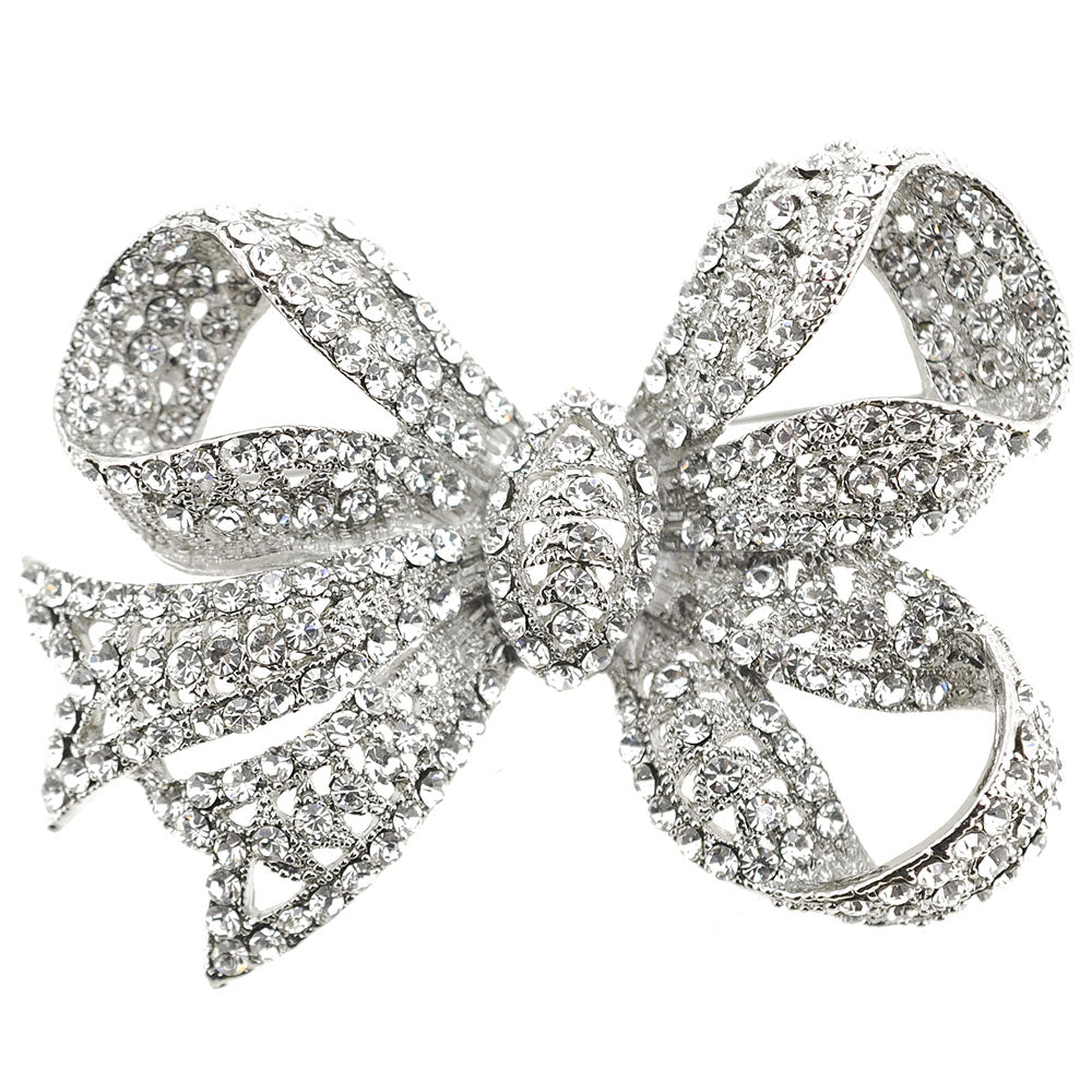 Silver Chrome Bow Knot Crystal Pin Brooch