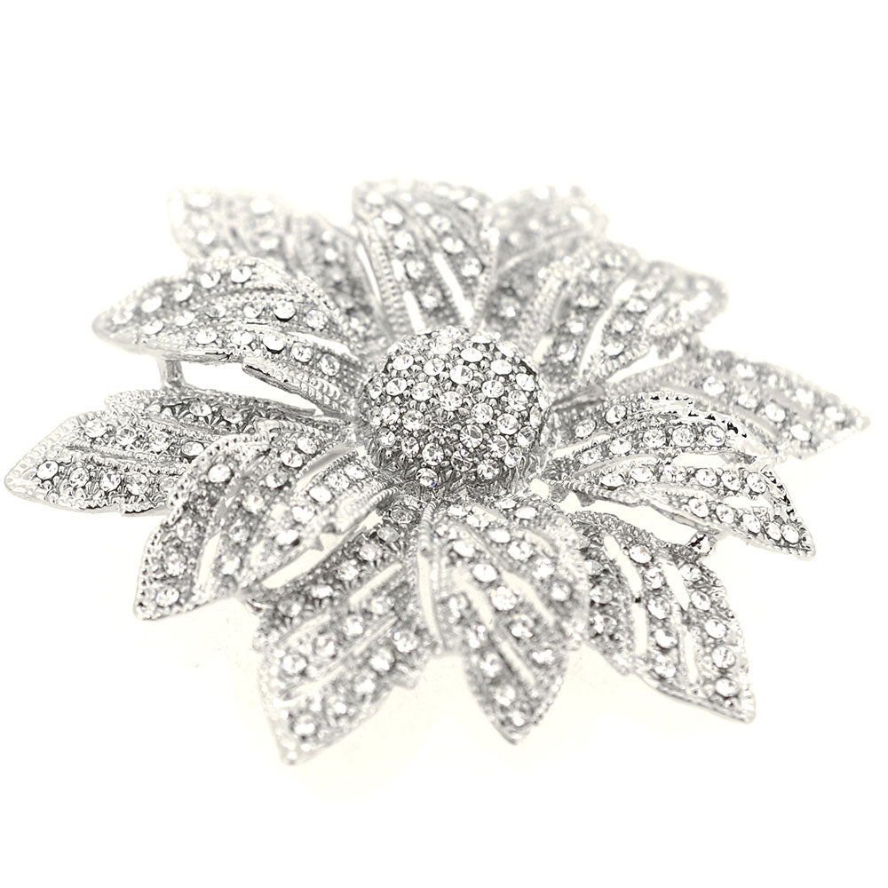 Silver Chrome Flower Crystal Pin Brooch