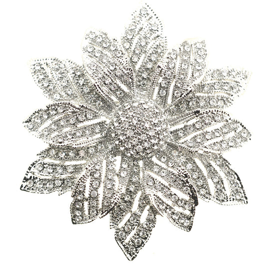 Silver Chrome Flower Crystal Pin Brooch