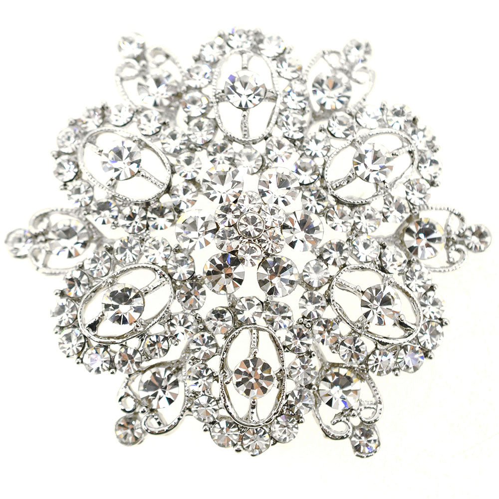 Silver Chrome Flower Crystal Pin Brooch