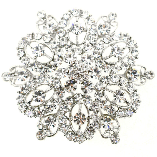 Silver Chrome Flower Crystal Pin Brooch