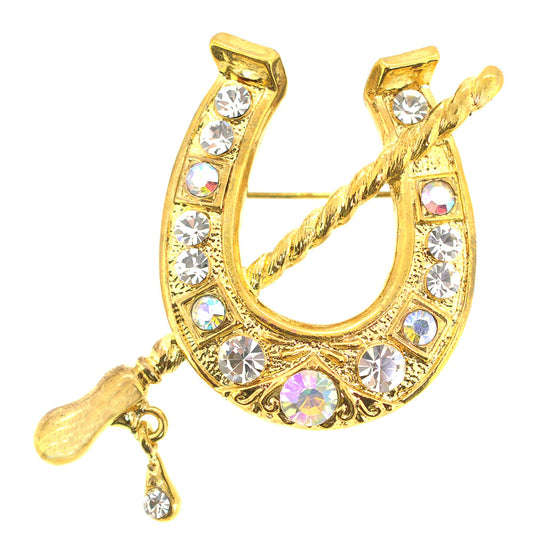 Golden Crystal Horse Shoe Pin Brooch