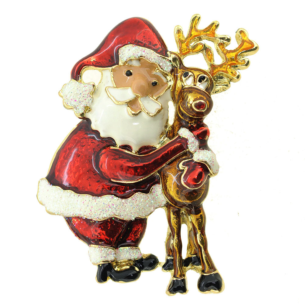 Red Suite Christmas Santa Claus And Reindeer Brooch
