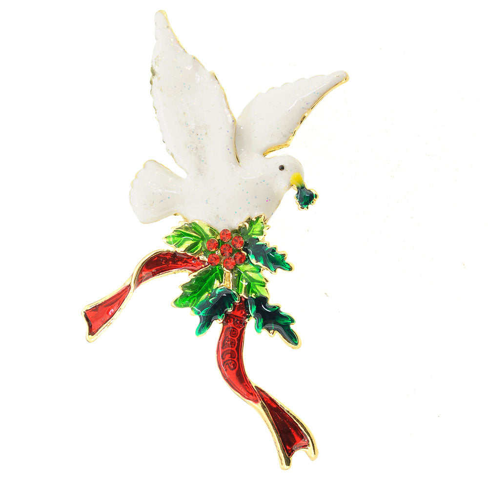 Festive Christmas Dove with Holly Berry Pin Brooch