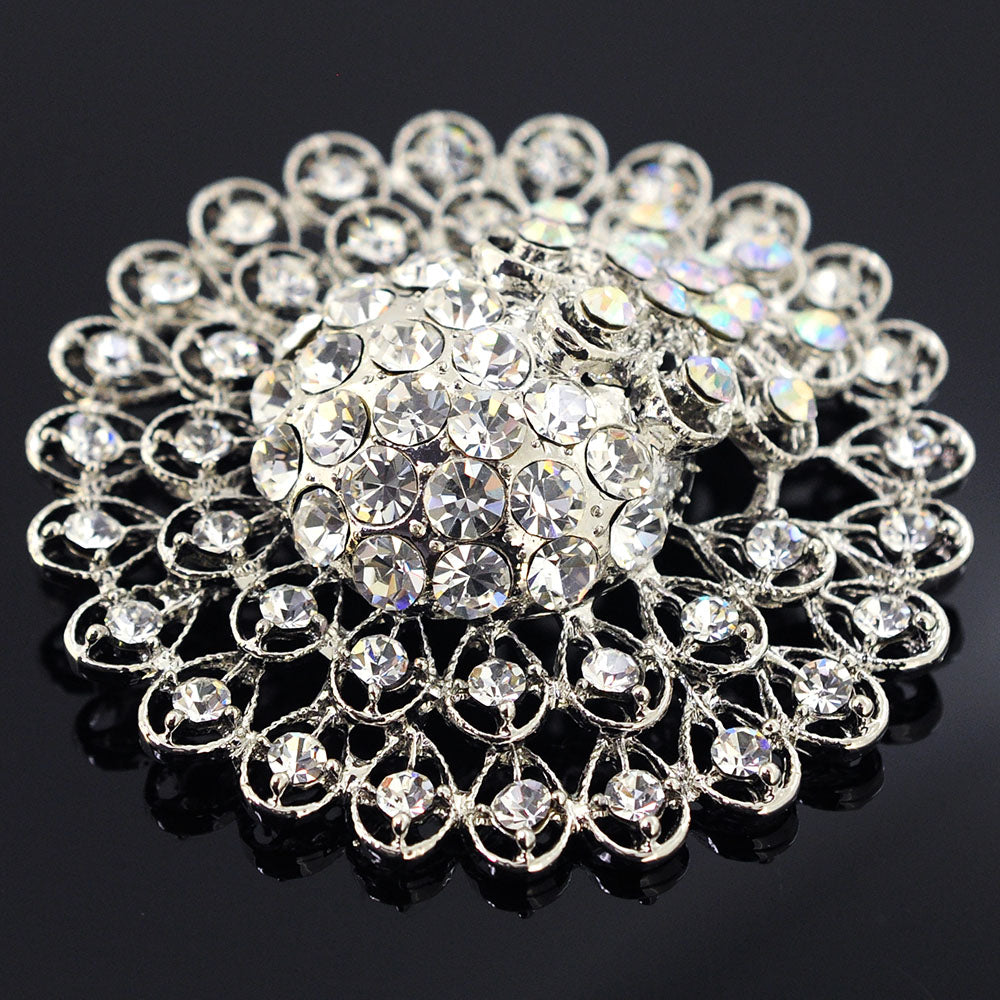 Silver Chrome Flower Crystal Pin Brooch