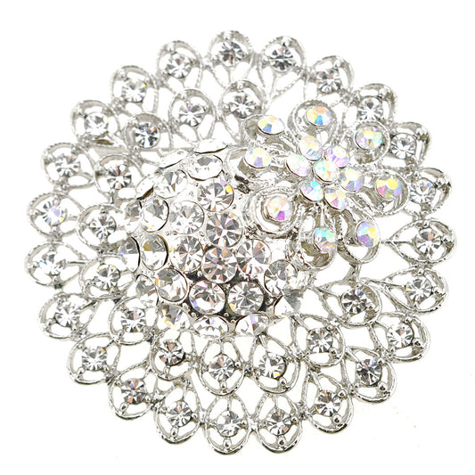 Silver Chrome Flower Crystal Pin Brooch