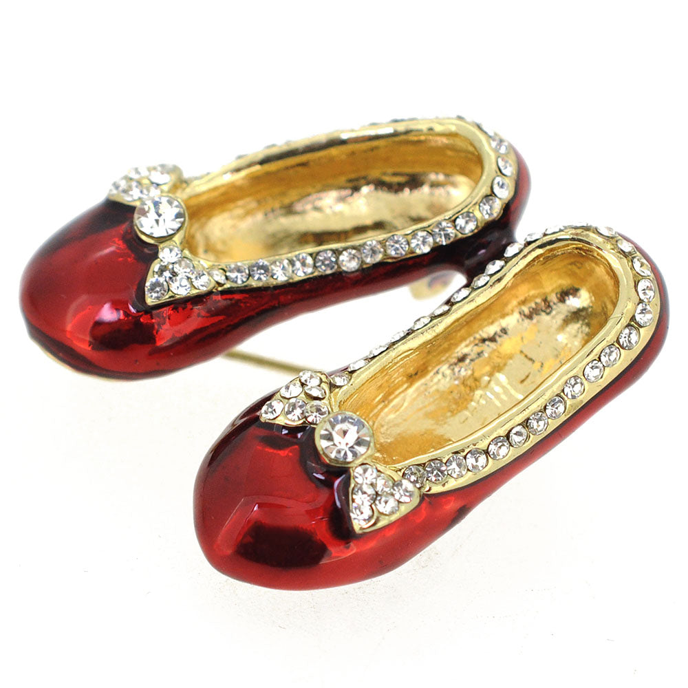 Red Flats Shoes with Clear Crystal Bow Brooch