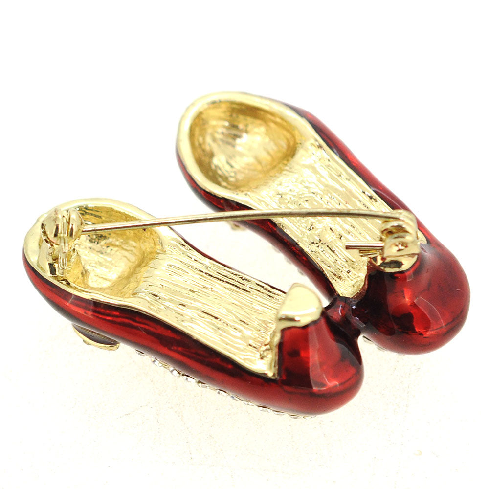 Red Flats Shoes with Clear Crystal Bow Brooch