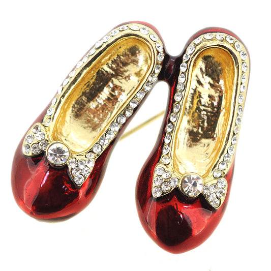 Red Flats Shoes with Clear Crystal Bow Brooch