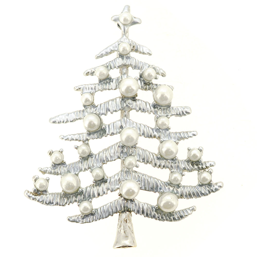 Silver Metallic Pearl Christmas Tree Brooch Pin