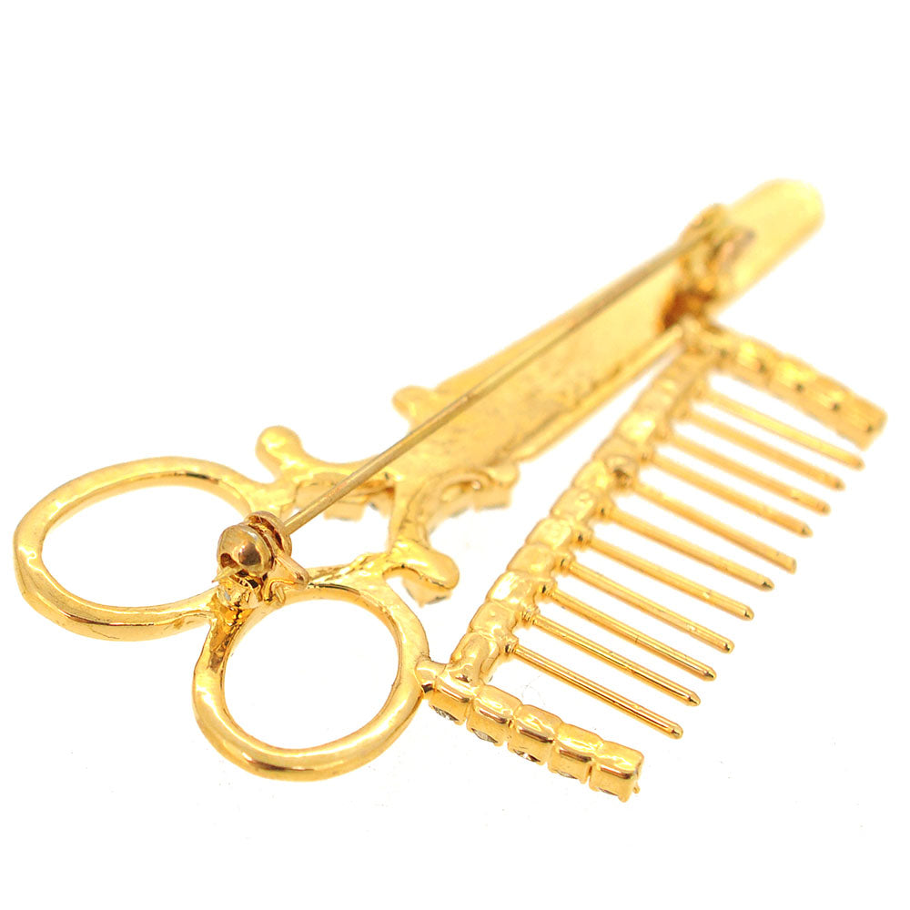 Gold Hair Scissors and Comb Brooch Pin