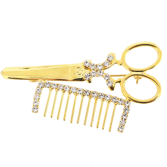 Gold Hair Scissors and Comb Brooch Pin