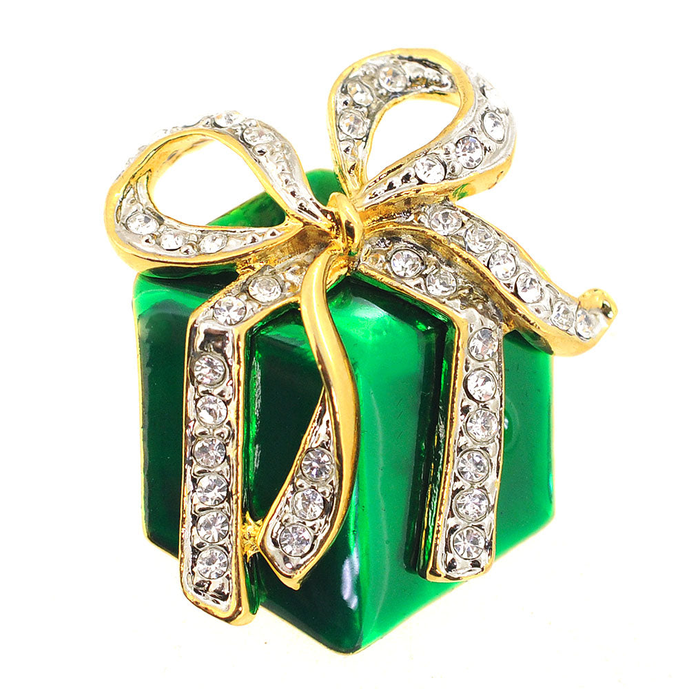 Green Christmas Giftbox with Gold Bow Brooch Pin