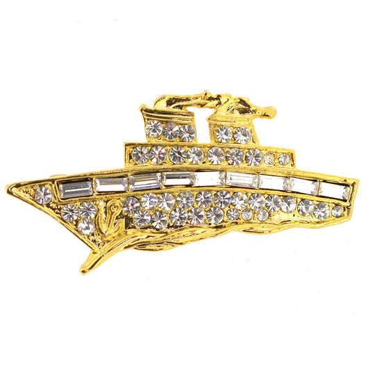 Golden Steamboat Crystal Brooch Pin