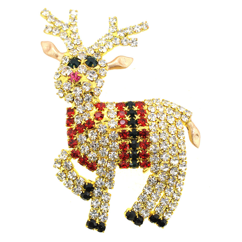 Christmas Crystal Speckled Reindeer Brooch Pin