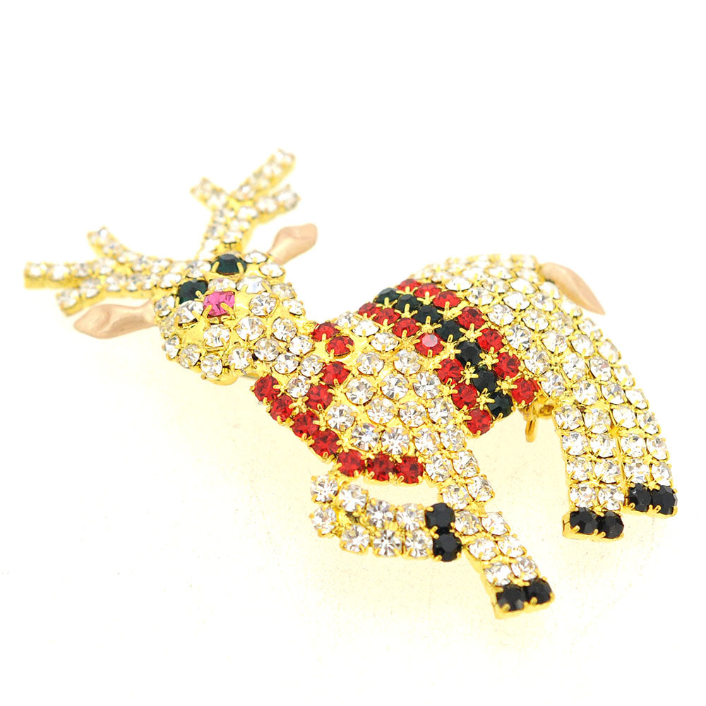 Christmas Crystal Speckled Reindeer Brooch Pin