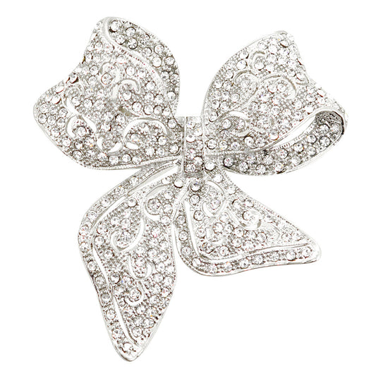 Silver Large Draped Bow Brooch Pin