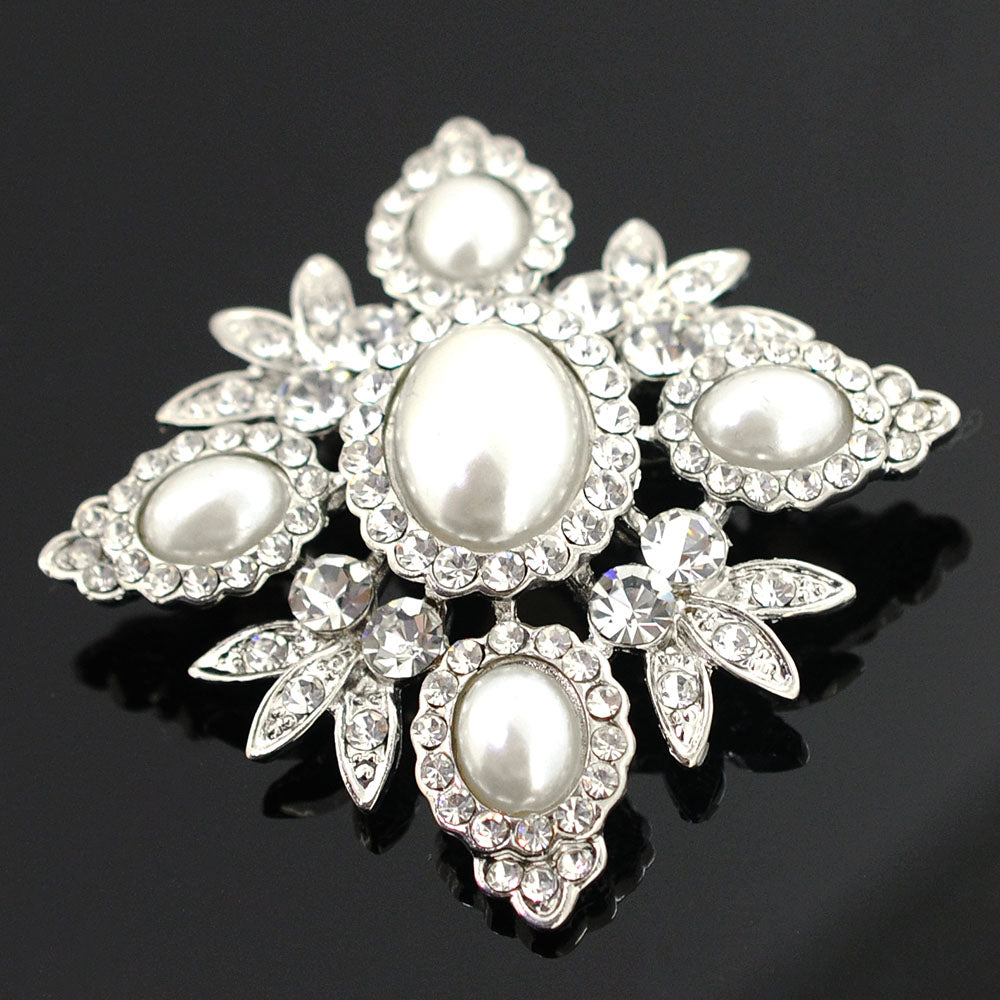 Silver Flared Pearl Diamond Wedding Brooch Pin