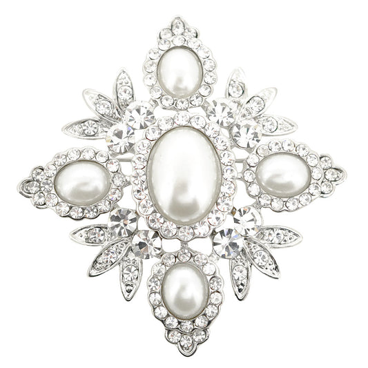 Silver Flared Pearl Diamond Wedding Brooch Pin