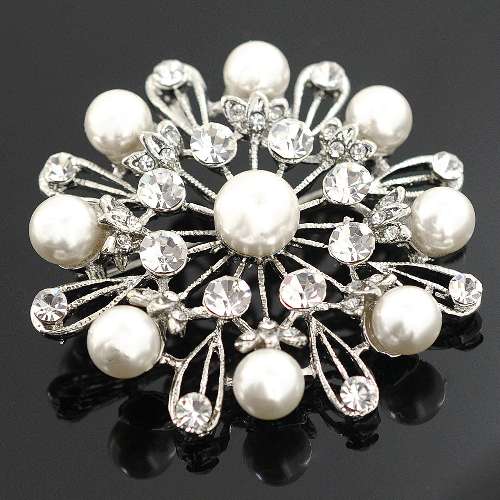 Silver Pearl Snowflake Wedding Brooch Pin