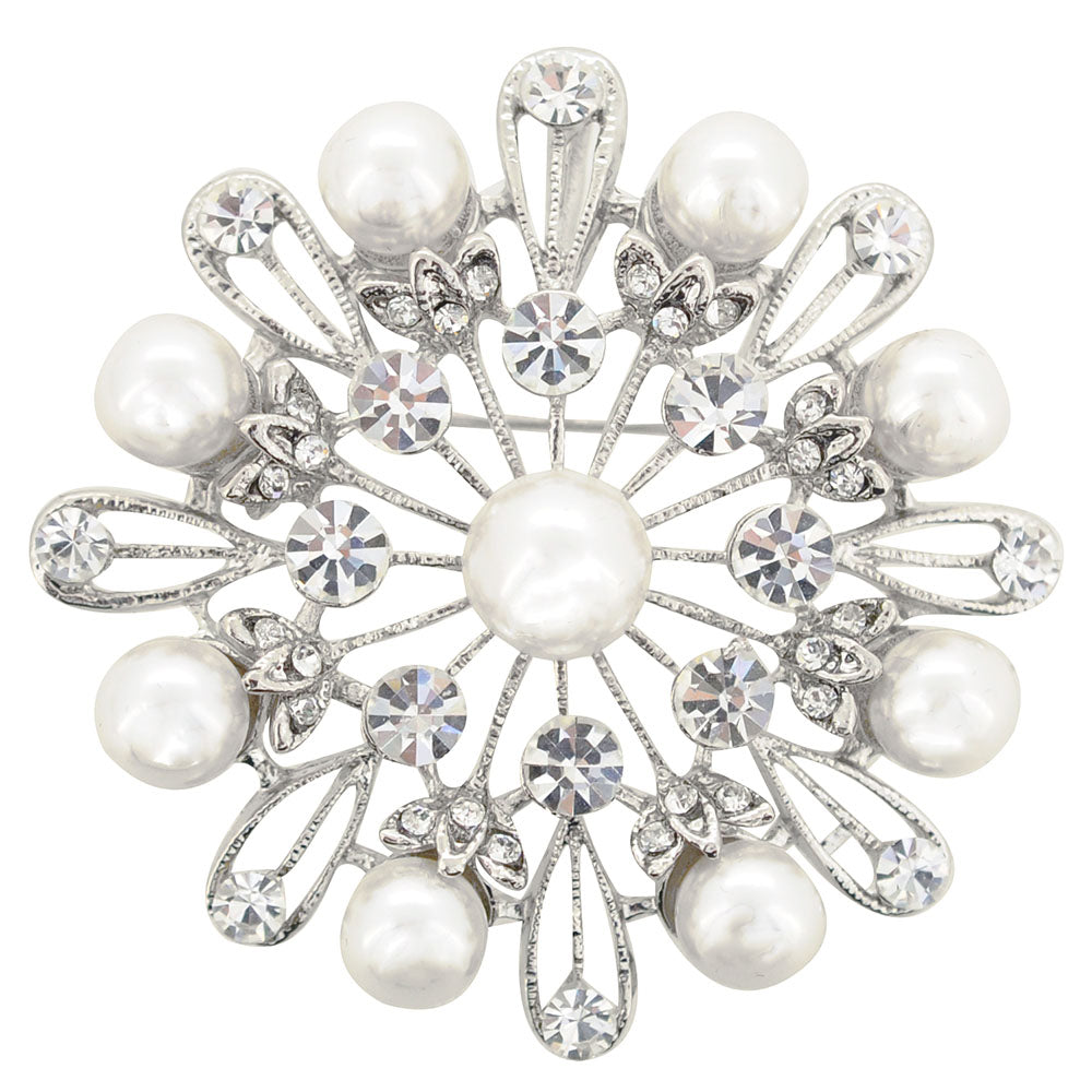 Silver Pearl Snowflake Wedding Brooch Pin